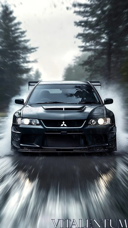 Stormy road sprint as a sleek black sports car powers ahead