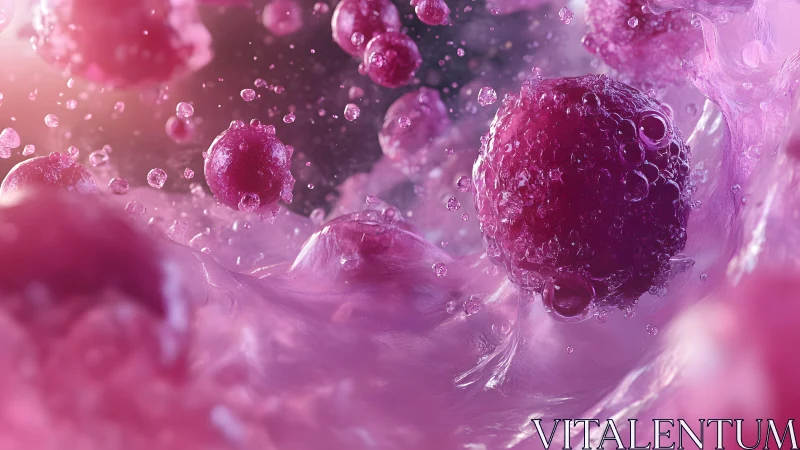 Vivid macro of purple berries in liquid, photorealistic digital art.