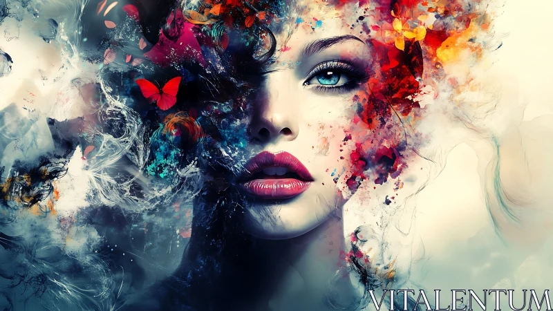 Female portrait merges with abstract smoke, color bursts