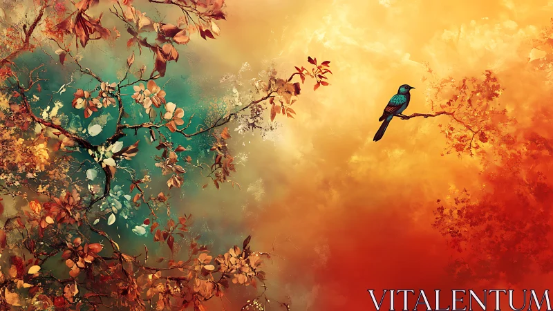 Gentle songbird rests between teal dawn and amber dusk