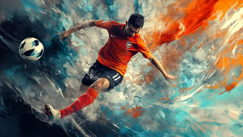 Dynamic digital painting of soccer player in mid kick.