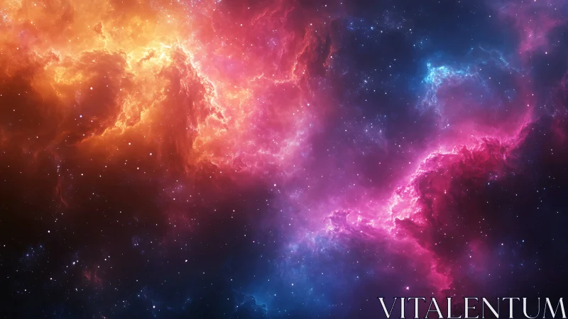 Cosmic nebula clouds in vivid magenta, cyan and gold glow.