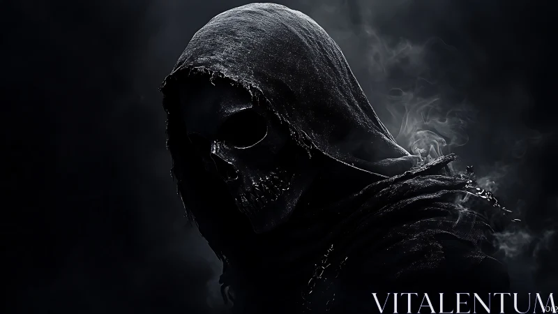 Hooded skeletal figure is rendered in low key digital lighting