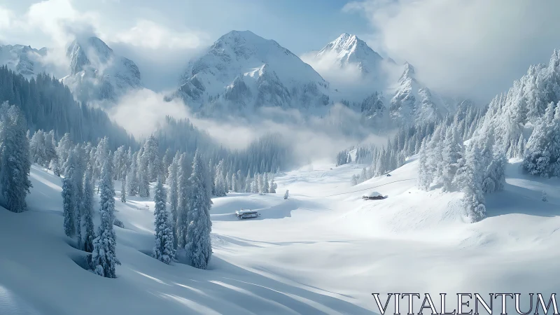 Snow-covered alpine valley shows trees, cabins and mountains