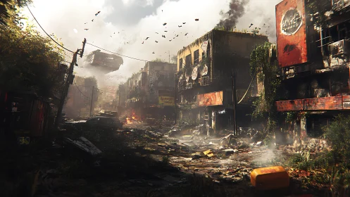 Post-apocalyptic city street rendered with volumetric smoke and debris