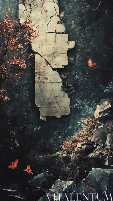 Crumbling stone pillar with autumn branches and butterflies.