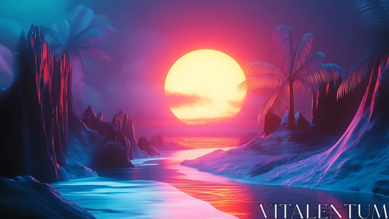 Neon sunset illuminates stylized tropical canyon with volumetric haze