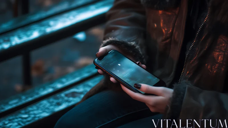 Digital Connection: Phone Glowing in Urban Evening Light.