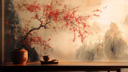 Whispered tea ceremony beneath crimson mountain blossoms.