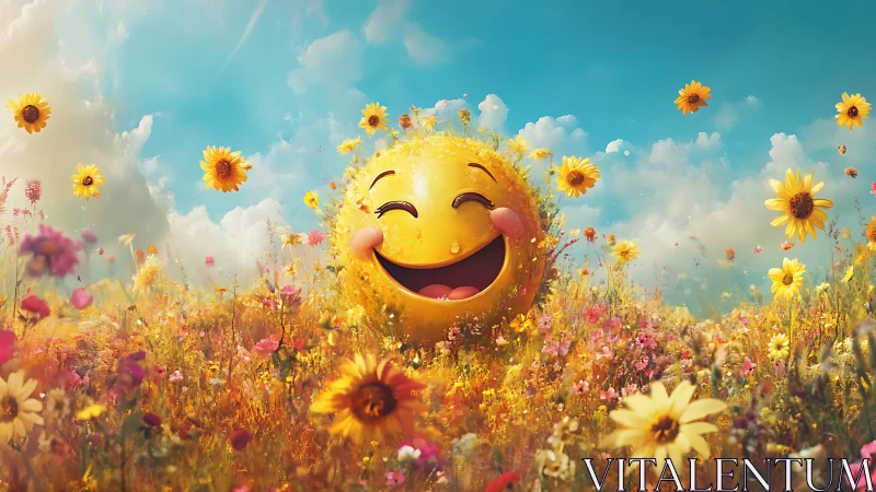 Smiling emoji face in bright flower meadow under sky.