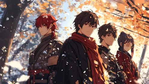 Four red-eyed figures in red scarves under autumn leaves.