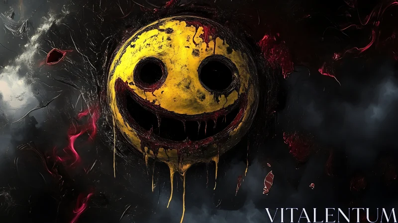 Grinning nightmare smiley bleeds through swirling black void.