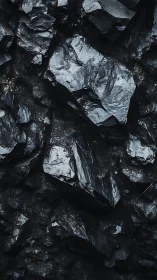 Angular wet rock surface exhibits glossy fractured mineral planes