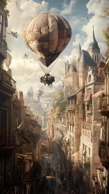 Soaring airship over sunlit steampunk boulevard skyline.