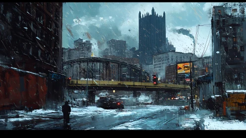 Snow-lashed city bridge under towering monolith of steel.