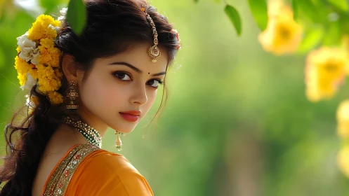Elegant woman in traditional Indian attire with floral adornments.