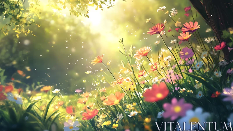 Sunlit wildflower meadow with soft glowing atmosphere.