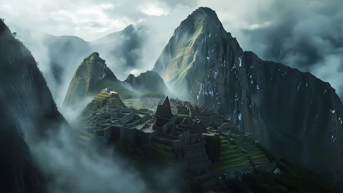 Misty mountain citadel wrapped in clouds and quiet light.