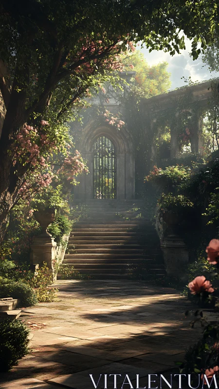Sunlit stone staircase leads into a secluded secret garden