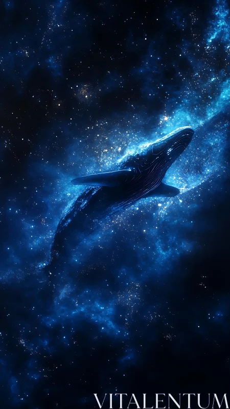 Cosmic whale silhouette drifting through luminous blue nebula