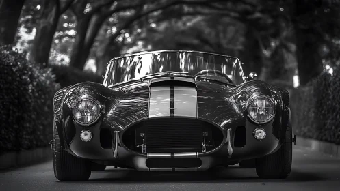Classic roadster front view in monochrome alleyway.
