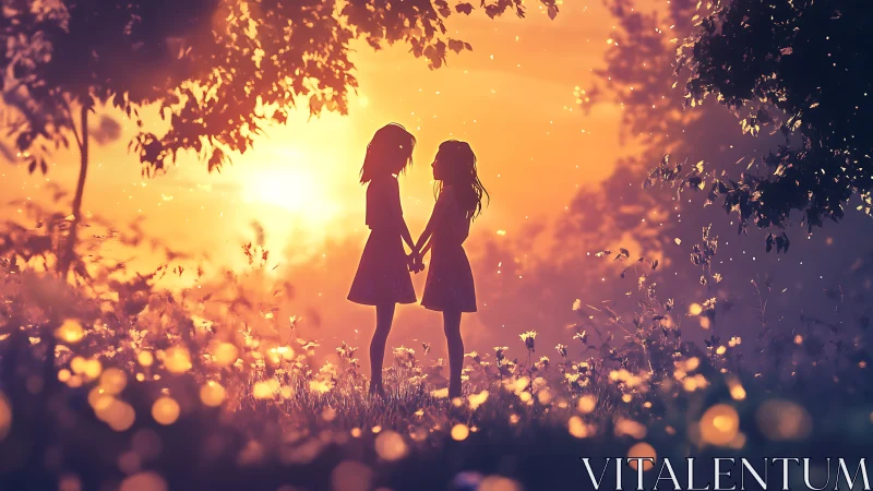Backlit silhouettes of two girls holding hands in glowing field
