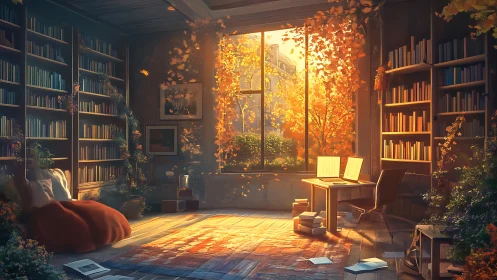 Sunlit autumn study wrapped in books, leaves, and quiet magic.