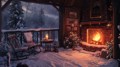 Cozy winter cabin porch glowing with firelit warmth and calm.