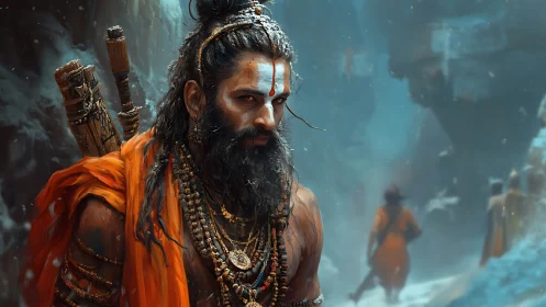 Bearded ascetic in orange robes within snowy mountain pass.