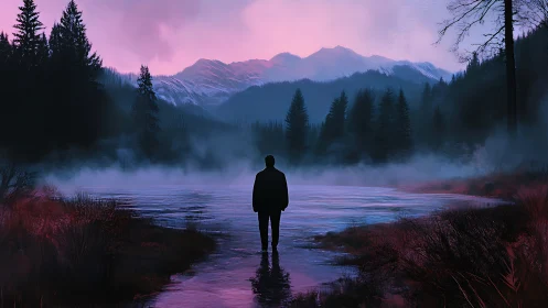 Solitary dreamer drifts toward misty mountains in neon dusk
