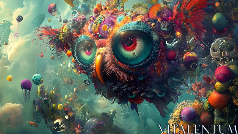 Cosmic carnival owl drifts through a kaleidoscopic dream sky.