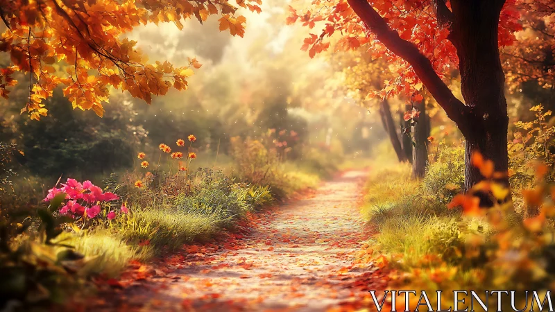Autumn Forest Pathway With Golden Sunlight and Flowering Landscape.