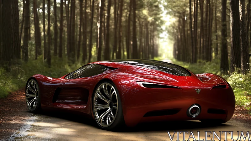 Crimson forest hypercar lounging on a sun-dappled dirt road.