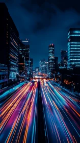 Night highway light trails through dense urban skyline.
