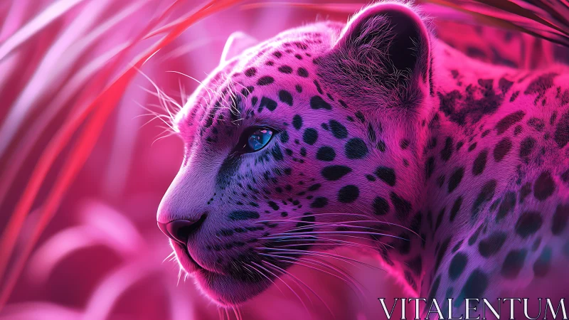 Leopard rendered with high-intensity magenta and violet luminescence.