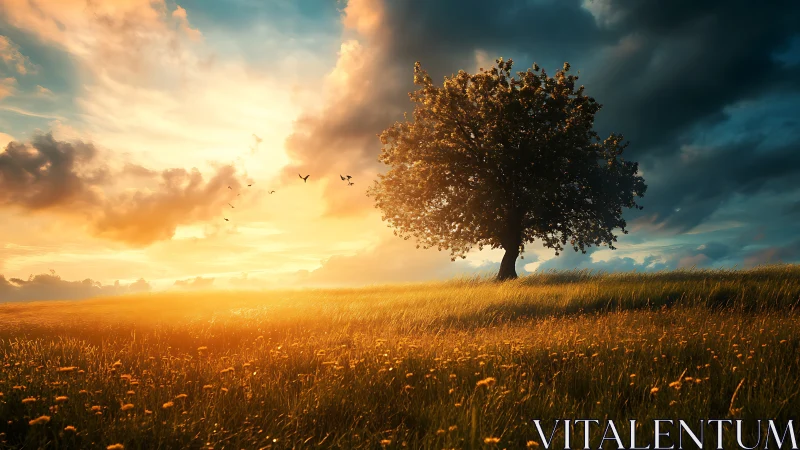 Solitary oak crowns golden meadow under storm-lit sunset.