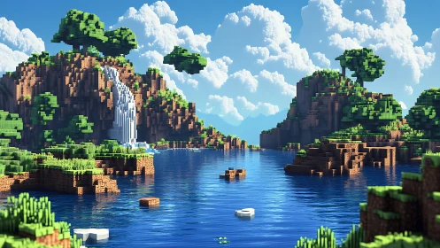 Pixelated Paradise: A Cascading Waterfall Among Blocky Cliffs