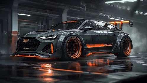 Sleek tuned Audi glows with bold orange light in misty garage
