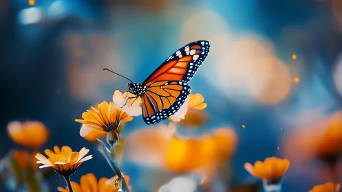 Monarch butterfly resting on glowing orange blossoms at dusk.