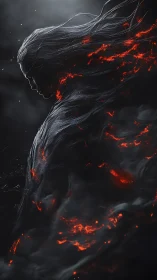 Silhouette figure in smoke with dispersed ember highlights.