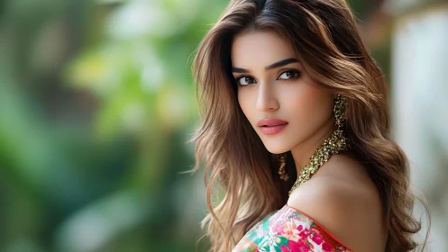 Portrait of elegant woman in floral dress with soft bokeh.