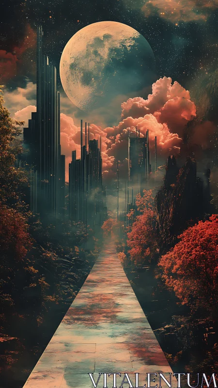 Lunar skyline over crimson forested pathway in mist.