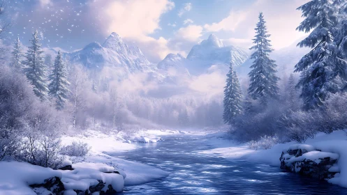 Snow-laden conifer valley frames a reflective alpine river