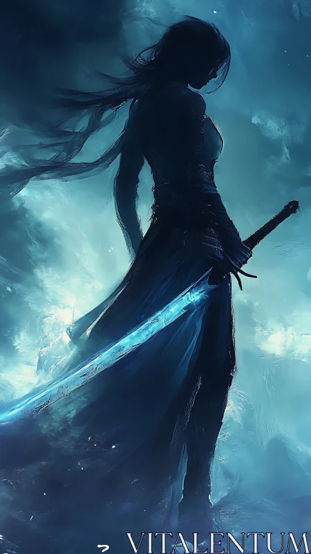 Silhouetted sword-bearing figure stands in diffuse blue haze