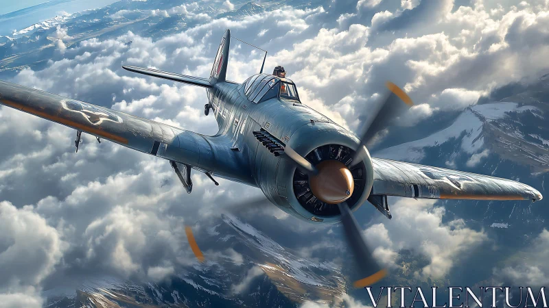 Radial-engine fighter aircraft cutting through stratocumulus skies.
