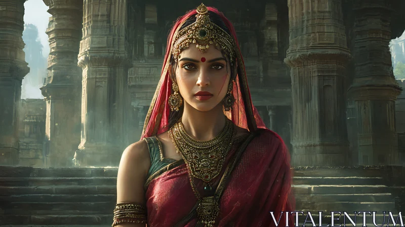 Regal Indian woman in traditional attire at ancient temple, cinematic style.