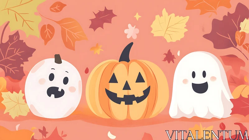 Cute Halloween pumpkin trio smiles amid colorful autumn leaves.