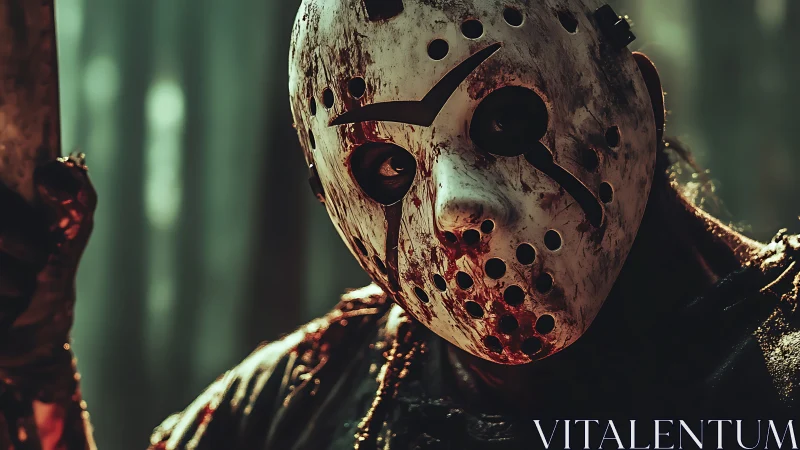 Masked horror figure looms in bloodstained forest gloom