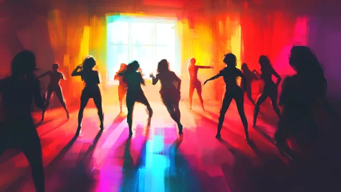 Joyful dance silhouettes glowing in a rainbow-lit studio.