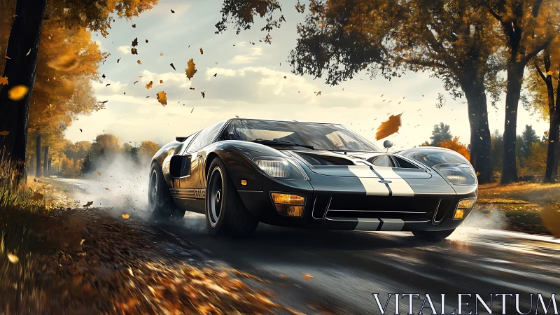 Classic race car drifts on wet forest road in autumn